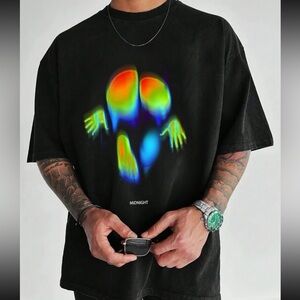 Men's Loose Fit T-Shirt With Abstract Figure & Letter Print, Short-Sleeve
